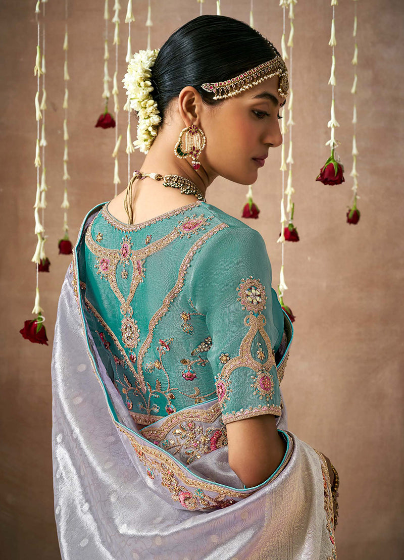 Monjolika Fashion Organza Silk Embroidered Contemporary Style Saree In Light Grey | Grocsy
