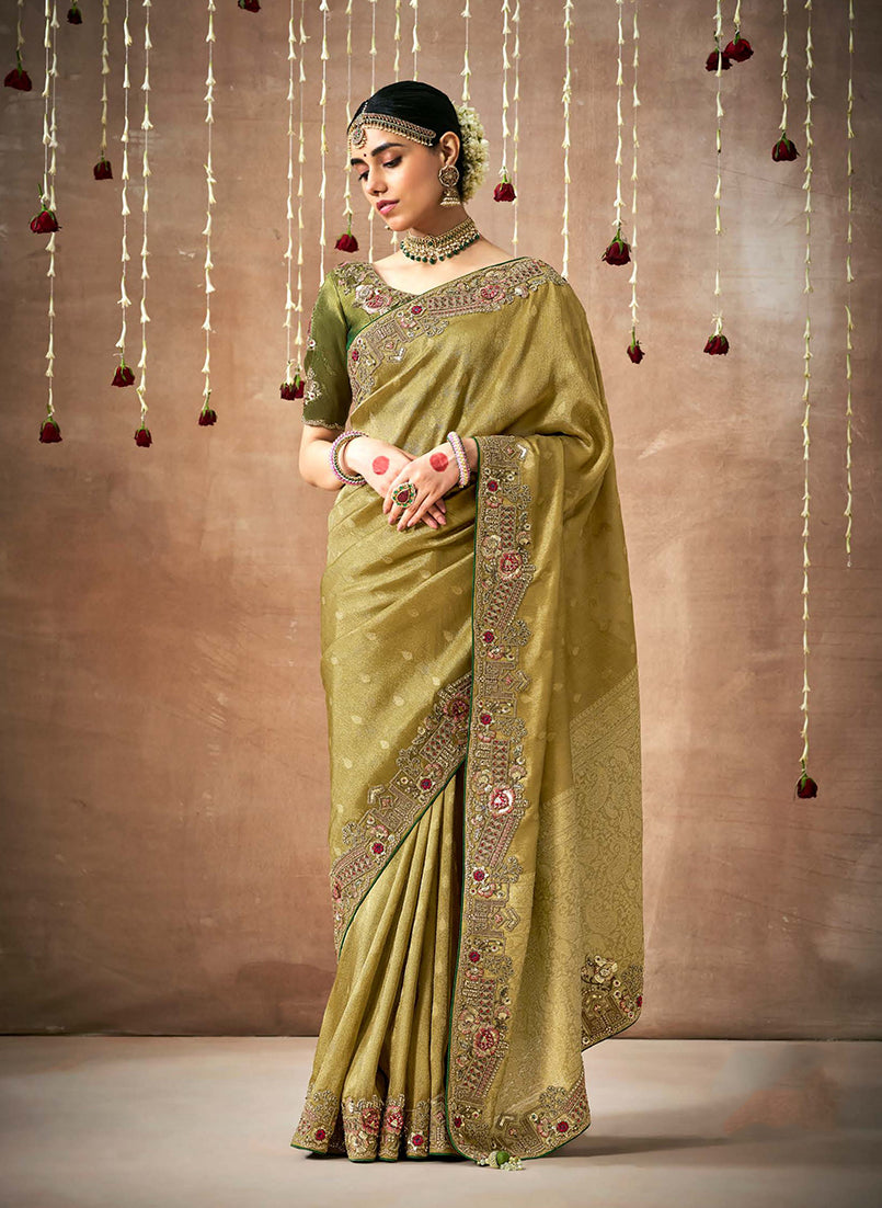 Monjolika Fashion Organza Silk Embroidered Mehandi Contemporary Saree | Grocsy