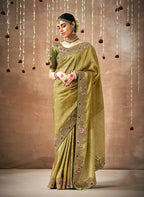 Monjolika Fashion Organza Silk Embroidered Mehandi Contemporary Saree | Grocsy
