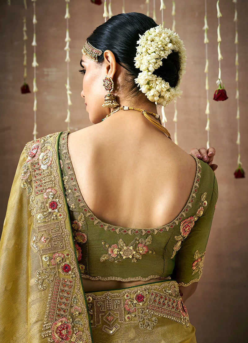 Monjolika Fashion Organza Silk Embroidered Mehandi Contemporary Saree | Grocsy