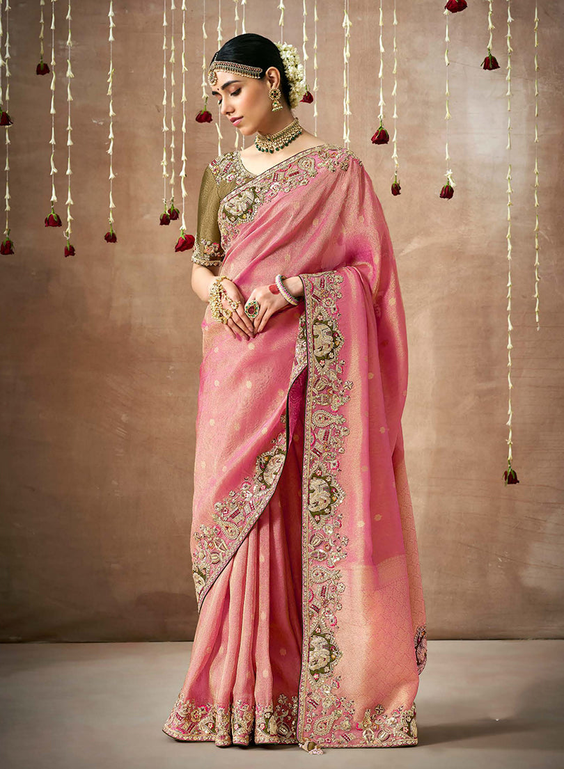 Monjolika Fashion Organza Silk Pink Embroidered Bollywood Saree | Grocsy