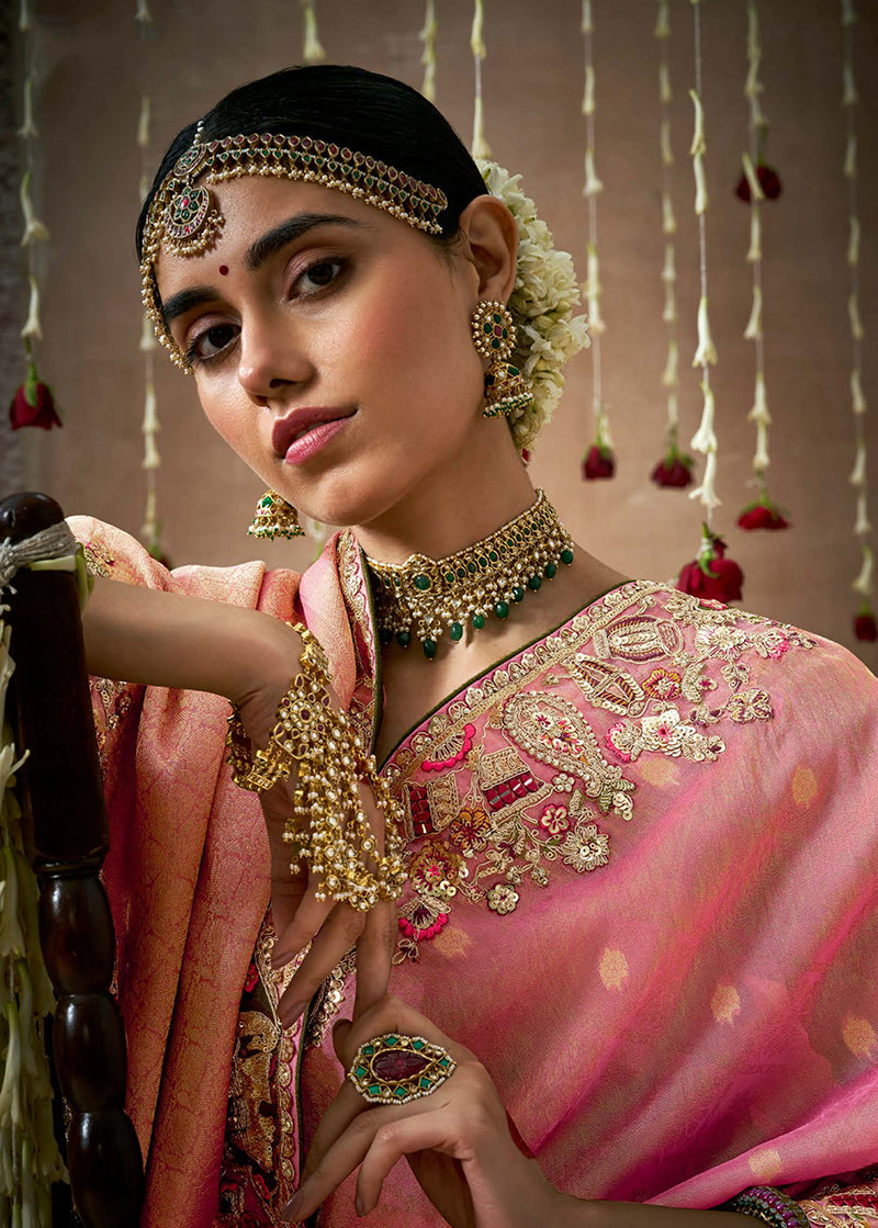 Monjolika Fashion Organza Silk Pink Embroidered Bollywood Saree | Grocsy