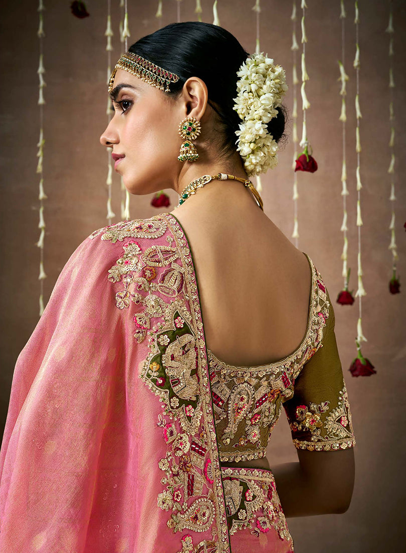 Monjolika Fashion Organza Silk Pink Embroidered Bollywood Saree | Grocsy