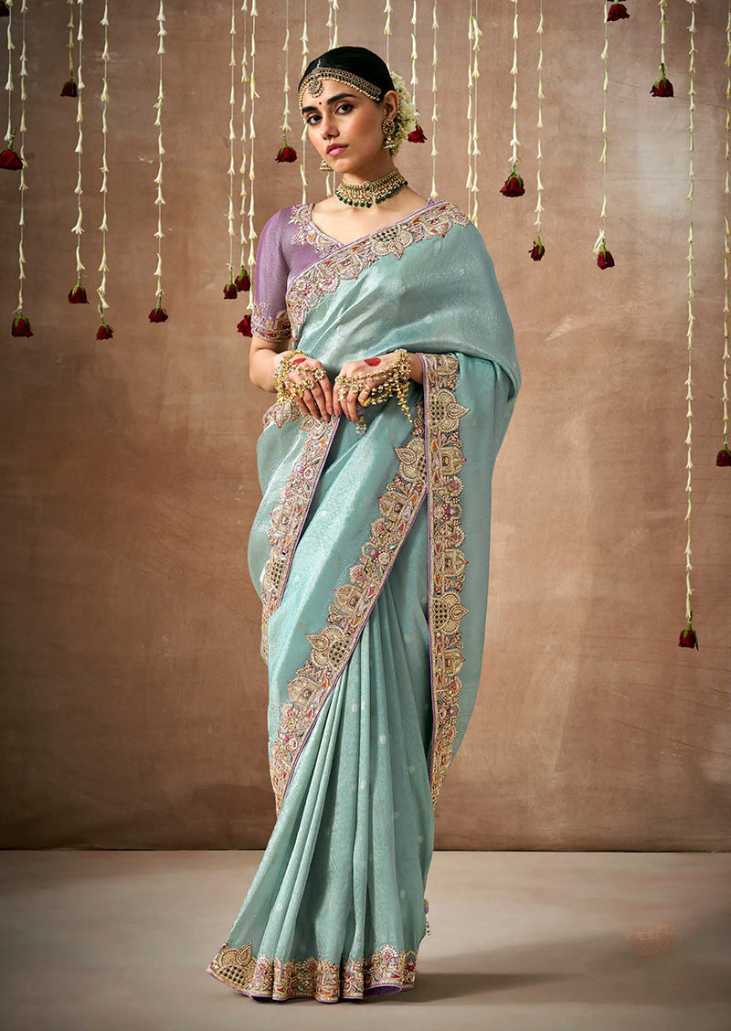 Monjolika Fashion Organza Silk Embroidered Designer Saree In Aqua Blue | Grocsy