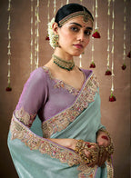 Monjolika Fashion Organza Silk Embroidered Designer Saree In Aqua Blue | Grocsy