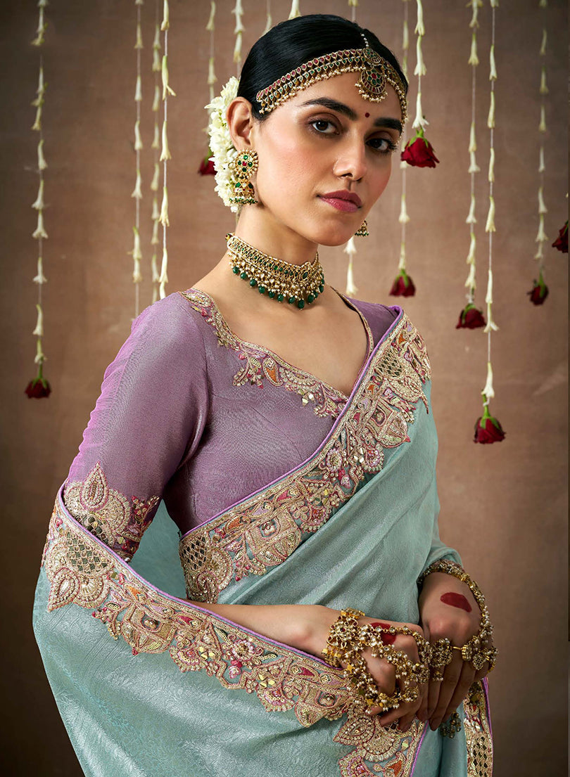 Monjolika Fashion Organza Silk Embroidered Designer Saree In Aqua Blue | Grocsy