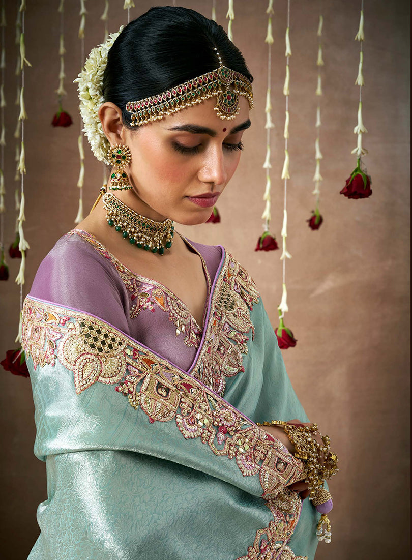 Monjolika Fashion Organza Silk Embroidered Designer Saree In Aqua Blue | Grocsy