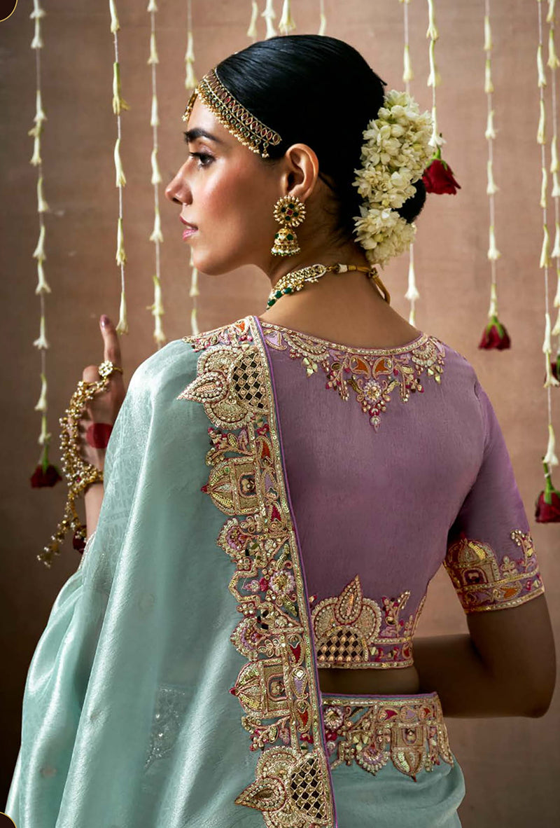 Monjolika Fashion Organza Silk Embroidered Designer Saree In Aqua Blue | Grocsy