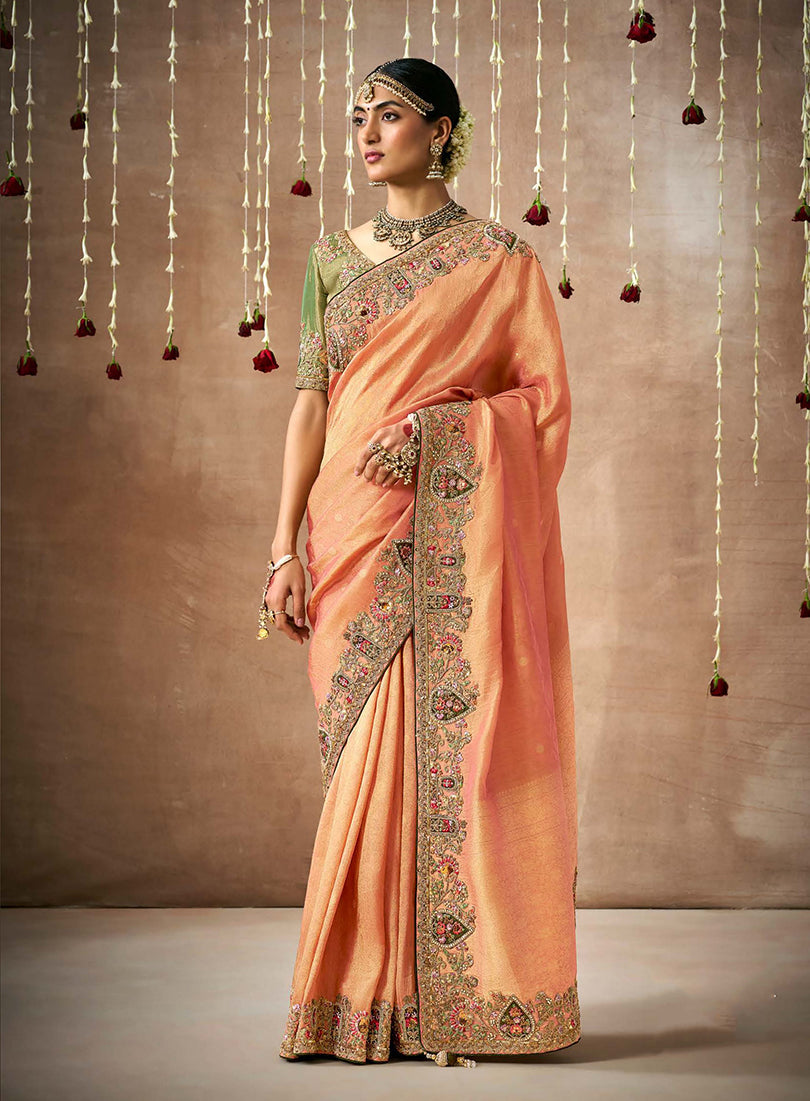 Monjolika Fashion Orange Colour Organza Silk Embroidered Designer Saree | Grocsy