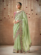 Monjolika Fashion Organza Silk Embroidered Sea Green Different Style Saree | Grocsy