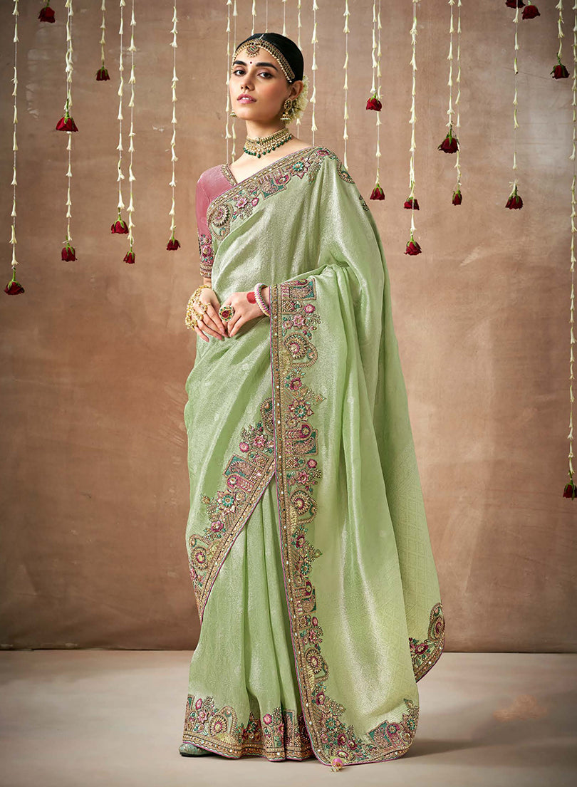 Monjolika Fashion Organza Silk Embroidered Sea Green Different Style Saree | Grocsy
