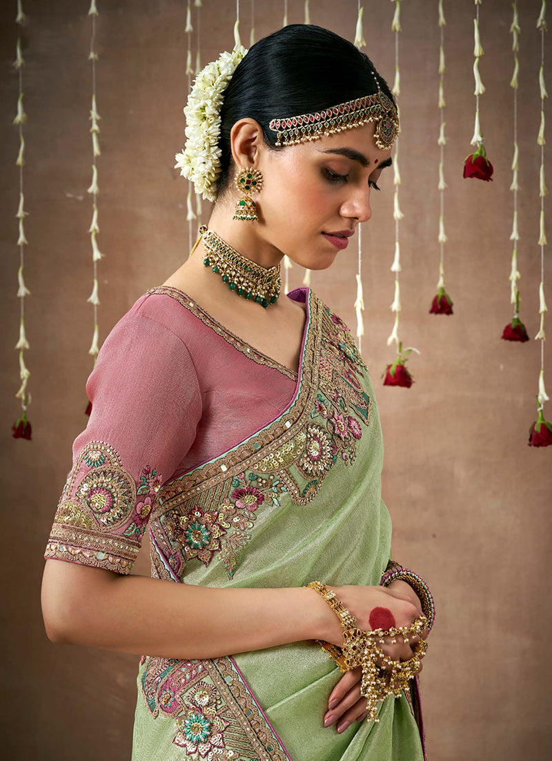 Monjolika Fashion Organza Silk Embroidered Sea Green Different Style Saree | Grocsy