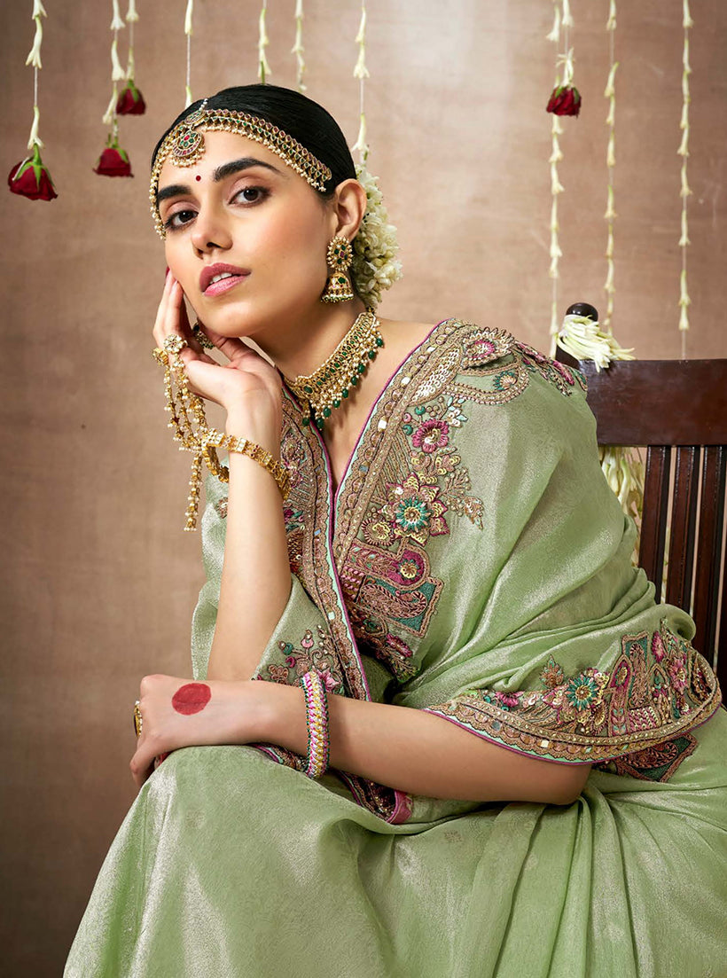 Monjolika Fashion Organza Silk Embroidered Sea Green Different Style Saree | Grocsy