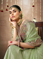 Monjolika Fashion Organza Silk Embroidered Sea Green Different Style Saree | Grocsy