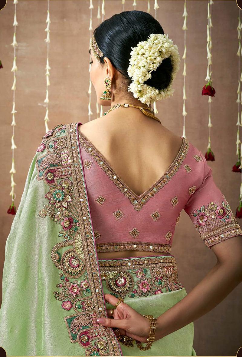 Monjolika Fashion Organza Silk Embroidered Sea Green Different Style Saree | Grocsy