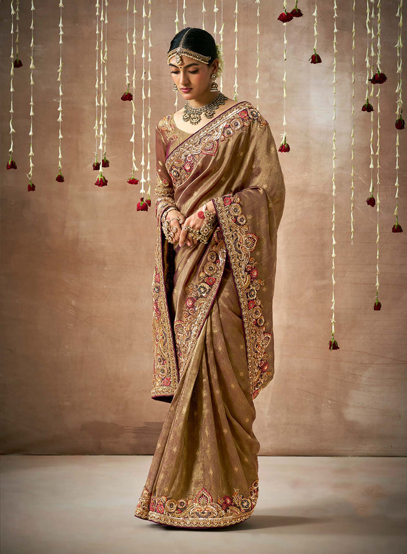 Monjolika Fashion Organza Silk Embroidered Brown Classic Saree | Grocsy