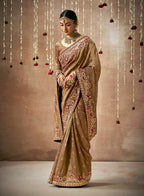 Monjolika Fashion Organza Silk Embroidered Brown Classic Saree | Grocsy