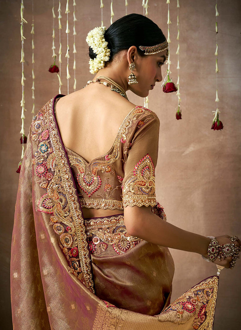 Monjolika Fashion Organza Silk Embroidered Brown Classic Saree | Grocsy