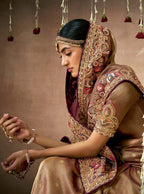 Monjolika Fashion Organza Silk Embroidered Brown Classic Saree | Grocsy