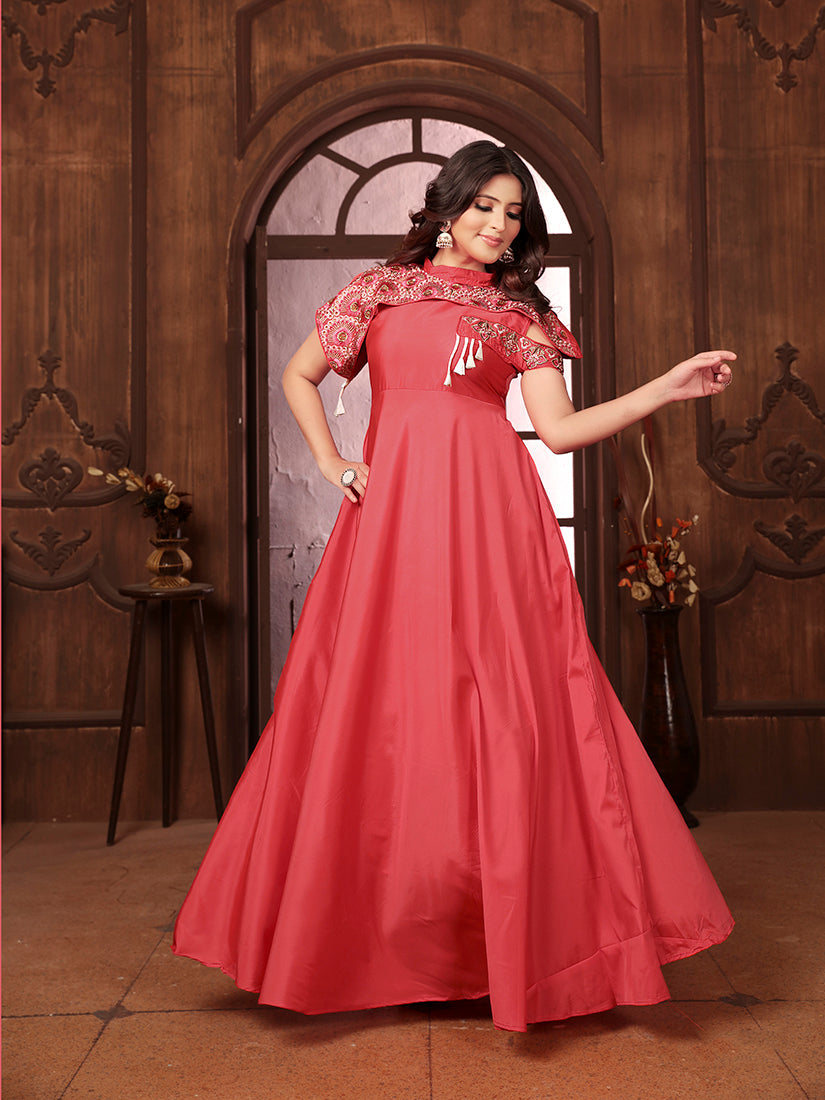 Monjolika Fashion Dark Peach Triva Silk Embroidered Wedding Wear Gown | Grocsy