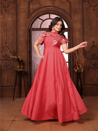 Monjolika Fashion Dark Peach Triva Silk Embroidered Wedding Wear Gown | Grocsy