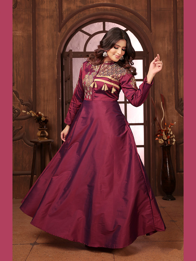 Monjolika Fashion Wine Triva Silk Embroidered Wedding Wear Gown | Grocsy