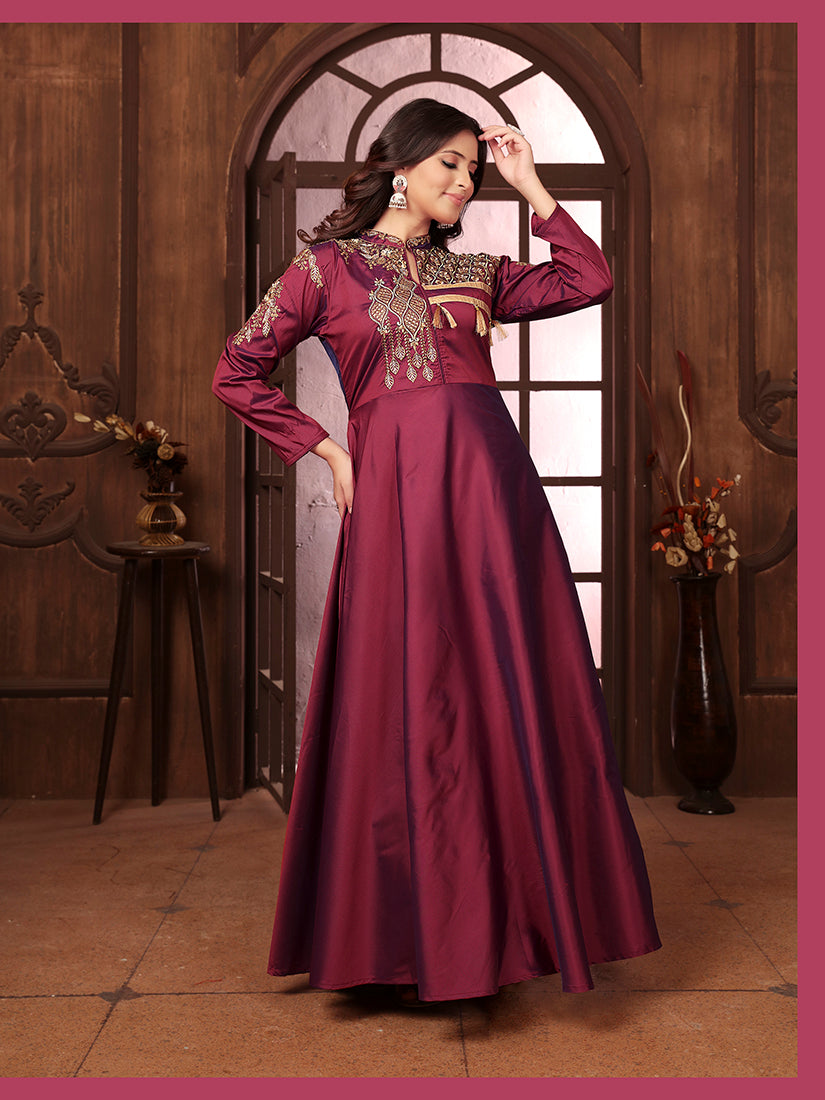 Monjolika Fashion Wine Triva Silk Embroidered Wedding Wear Gown | Grocsy