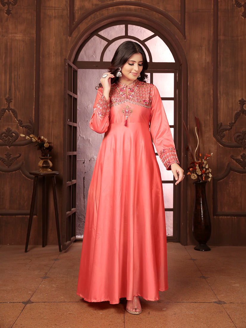 Monjolika Fashion Light Pink Triva Silk Embroidered Wedding Wear Gown | Grocsy