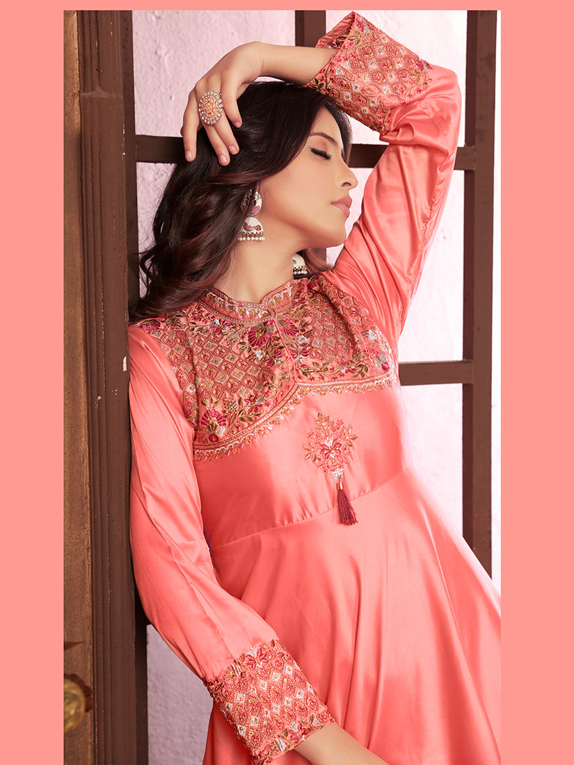 Monjolika Fashion Light Pink Triva Silk Embroidered Wedding Wear Gown | Grocsy