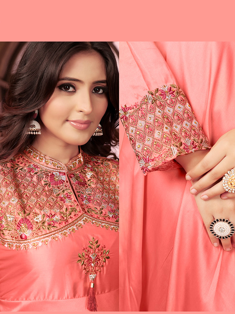 Monjolika Fashion Light Pink Triva Silk Embroidered Wedding Wear Gown | Grocsy