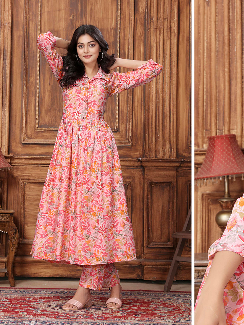 Monjolika Fashion Peach Premium Rayon Floral Printed Long Kurta And Pant Set | Grocsy