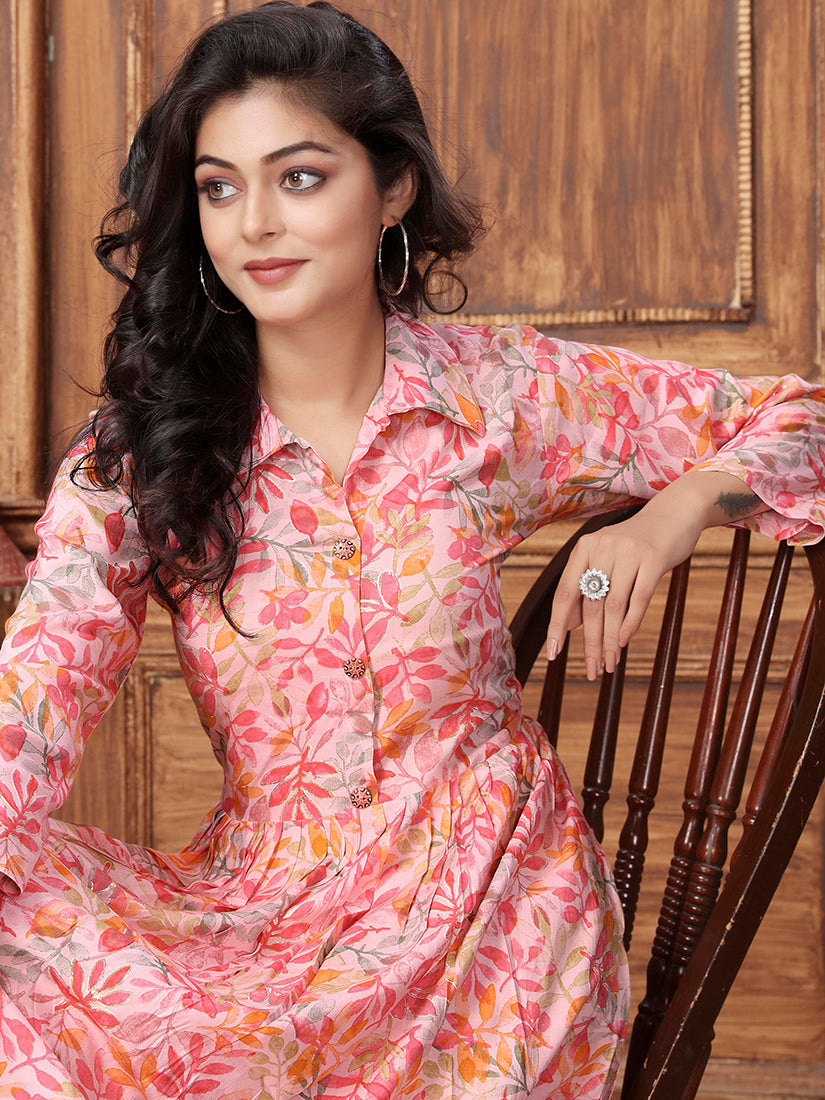 Monjolika Fashion Peach Premium Rayon Floral Printed Long Kurta And Pant Set | Grocsy