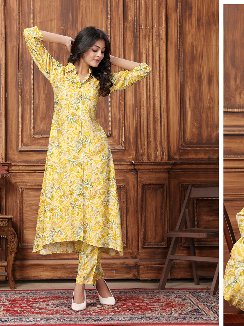 Monjolika Fashion Yellow Premium Rayon Floral Printed Long Kurta And Pant Set | Grocsy