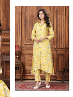 Monjolika Fashion Yellow Premium Rayon Floral Printed Long Kurta And Pant Set | Grocsy