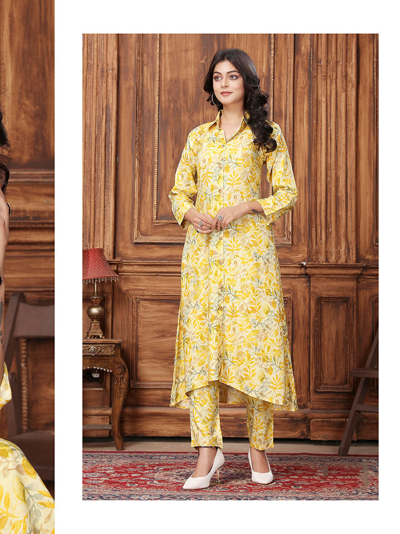 Monjolika Fashion Yellow Premium Rayon Floral Printed Long Kurta And Pant Set | Grocsy