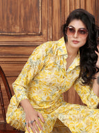 Monjolika Fashion Yellow Premium Rayon Floral Printed Long Kurta And Pant Set | Grocsy