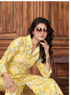 Monjolika Fashion Yellow Premium Rayon Floral Printed Long Kurta And Pant Set | Grocsy
