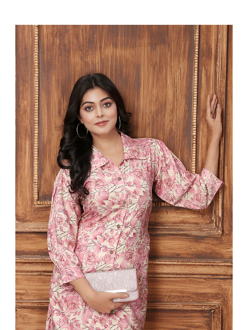 Monjolika Fashion Light Pink Premium Rayon Floral Printed Long Kurta And Pant Set | Grocsy