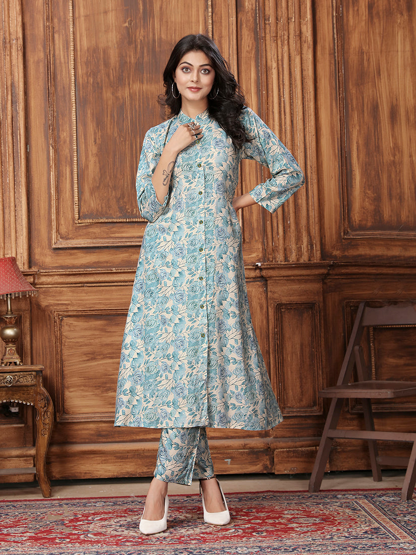 Monjolika Fashion Light Blue Premium Rayon Floral Printed Long Kurta And Pant Set | Grocsy