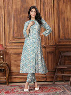 Monjolika Fashion Light Blue Premium Rayon Floral Printed Long Kurta And Pant Set | Grocsy