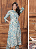 Monjolika Fashion Light Blue Premium Rayon Floral Printed Long Kurta And Pant Set | Grocsy