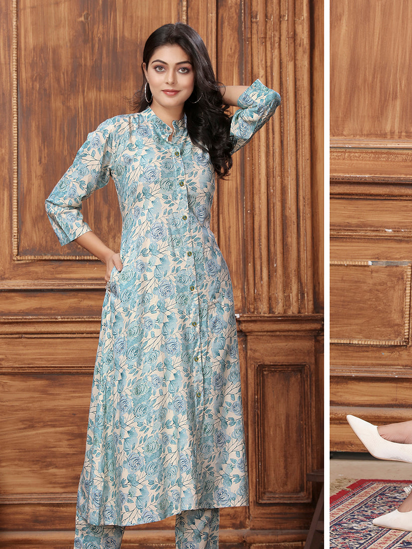 Monjolika Fashion Light Blue Premium Rayon Floral Printed Long Kurta And Pant Set | Grocsy