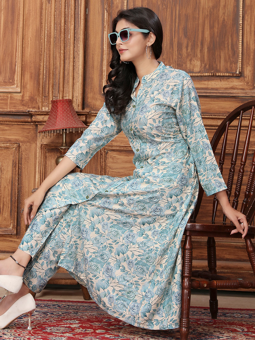 Monjolika Fashion Light Blue Premium Rayon Floral Printed Long Kurta And Pant Set | Grocsy