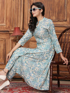 Monjolika Fashion Light Blue Premium Rayon Floral Printed Long Kurta And Pant Set | Grocsy