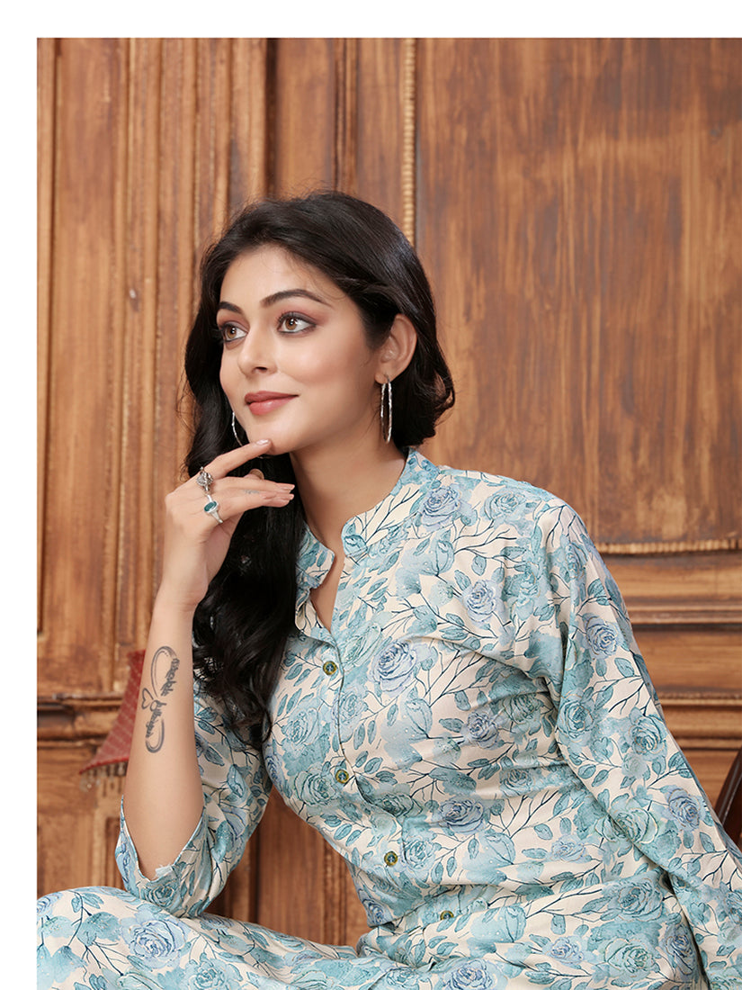 Monjolika Fashion Light Blue Premium Rayon Floral Printed Long Kurta And Pant Set | Grocsy