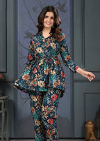 Monjolika Fashion Dark Teal Rayon Printed Casual Wear Co Ord Set | Grocsy