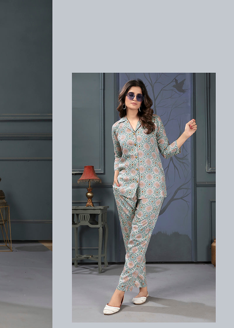 Monjolika Fashion Light Grey Rayon Printed Casual Wear Co Ord Set | Grocsy