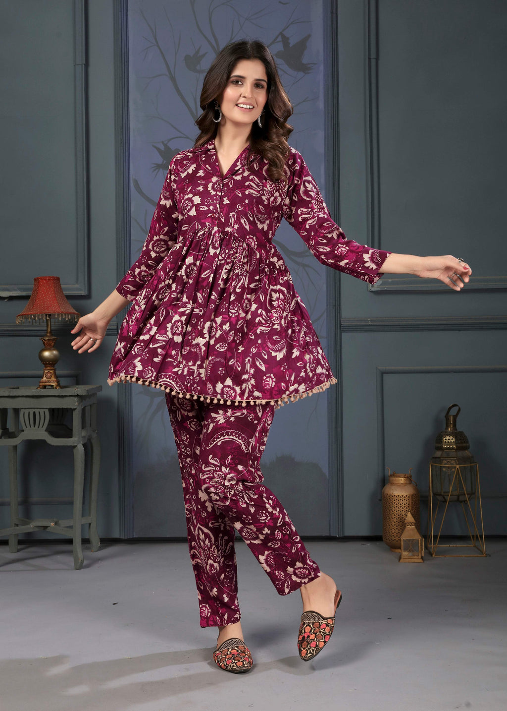 Monjolika Fashion Wine Rayon Printed Casual Wear Co Ord Set | Grocsy