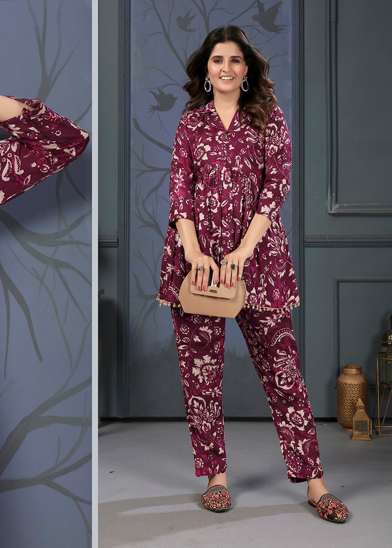 Monjolika Fashion Wine Rayon Printed Casual Wear Co Ord Set | Grocsy
