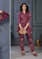 Monjolika Fashion Wine Rayon Printed Casual Wear Co Ord Set | Grocsy